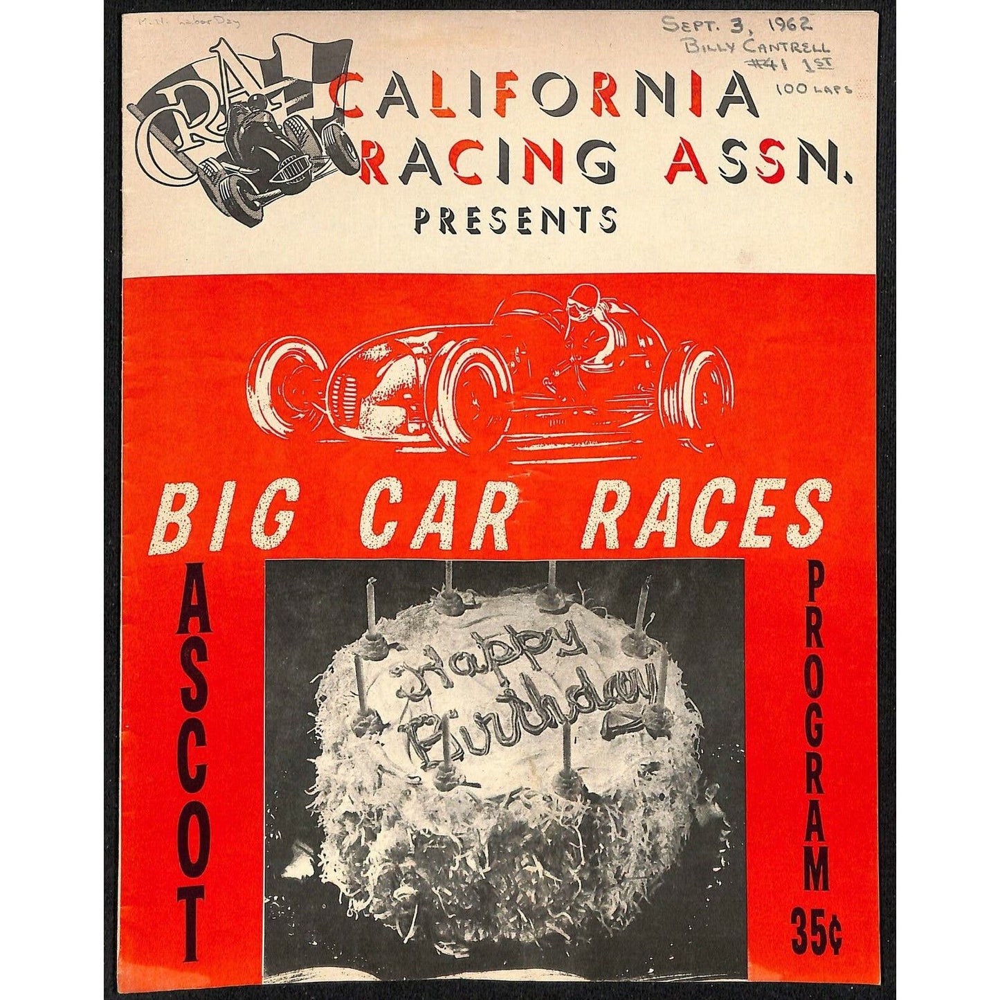 Scarce Sept 3 1962 CRA Big Car Races Auto Racing Program Ascot Gardena 8pp.