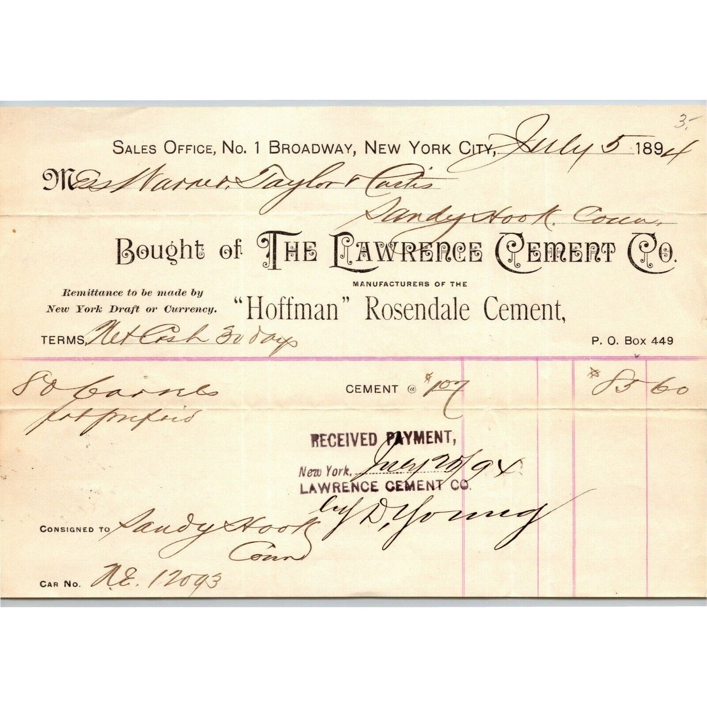 Lawrence Cement NY, NY to Warner, Taylor & Curtis Sandy Hook Letterhead 1894