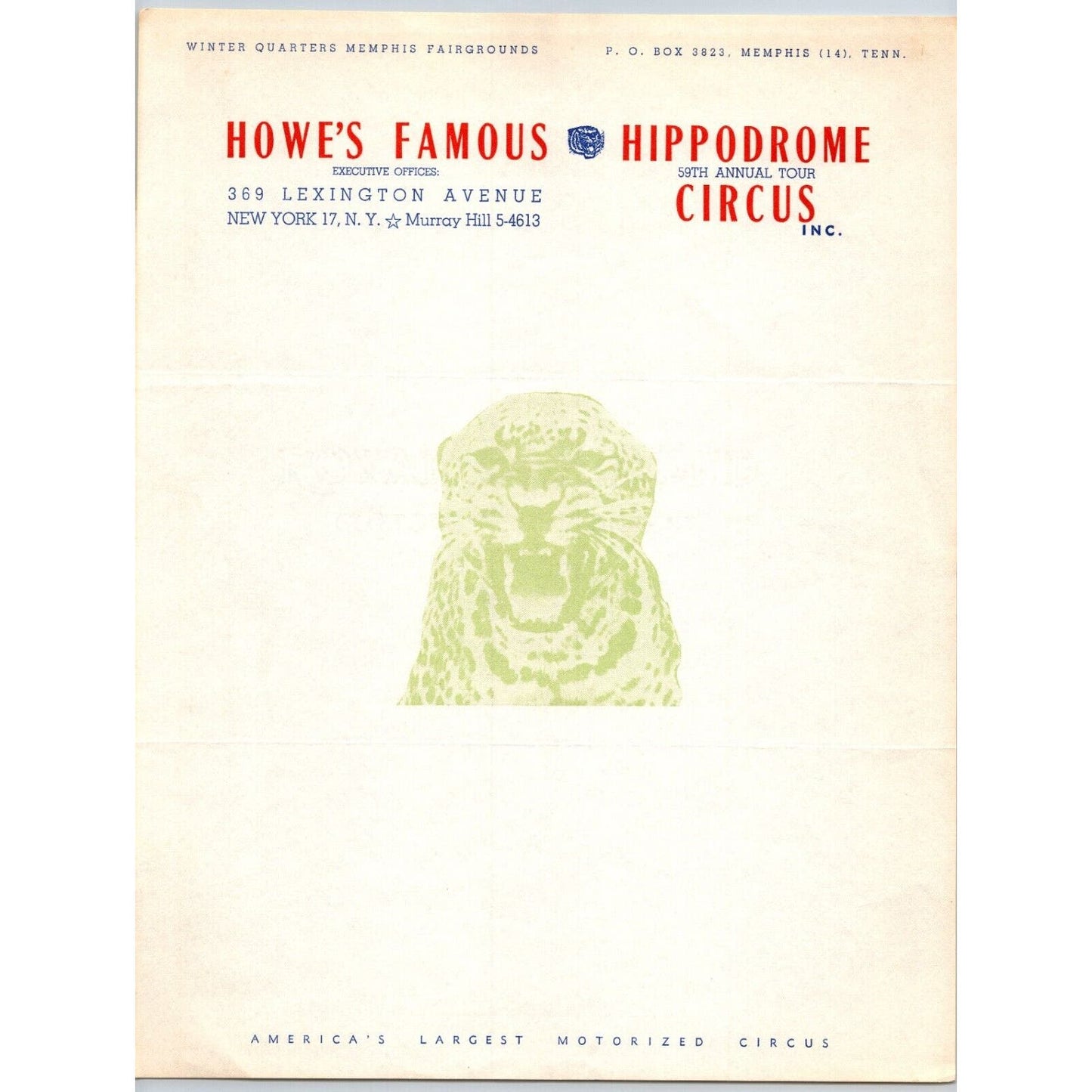 Howe's Famous Hippodrome Circus Letterhead c1952 Tiger Memphis Fairground Scarce