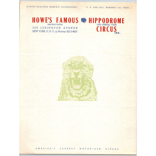 Howe's Famous Hippodrome Circus Letterhead c1952 Tiger Memphis Fairground Scarce