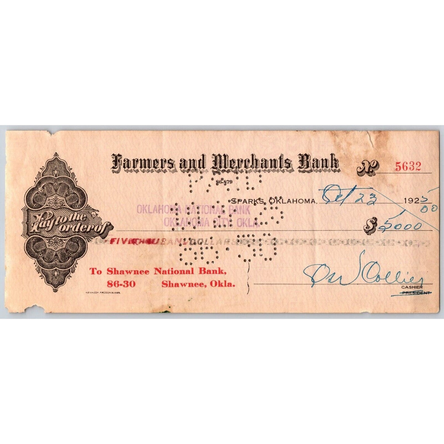 Sparks, Oklahoma 1925 Farmers and Merchants Bank Check