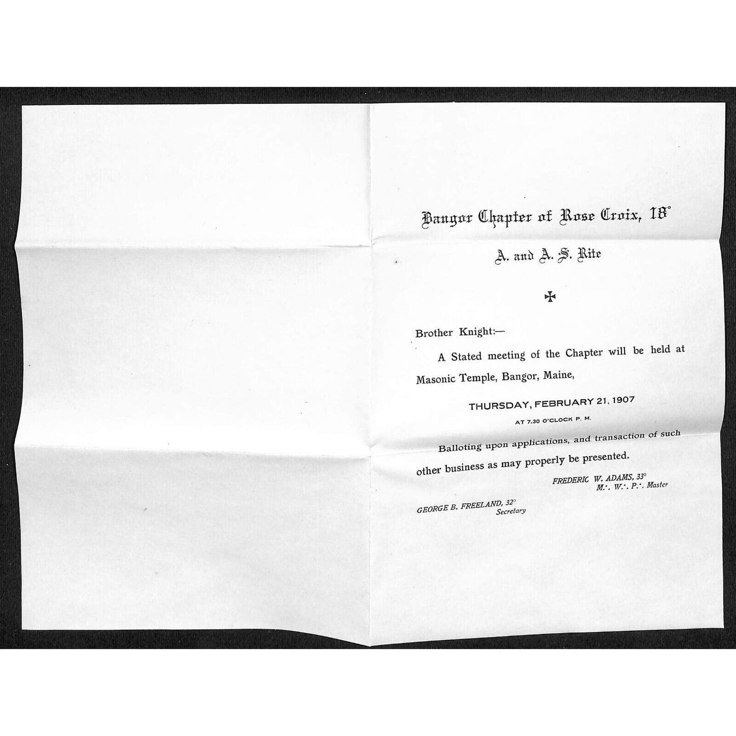 Newburgh ME Amos W. Knowlton* 1907 Bangor Chapter of Rose Croix Meeting Notice