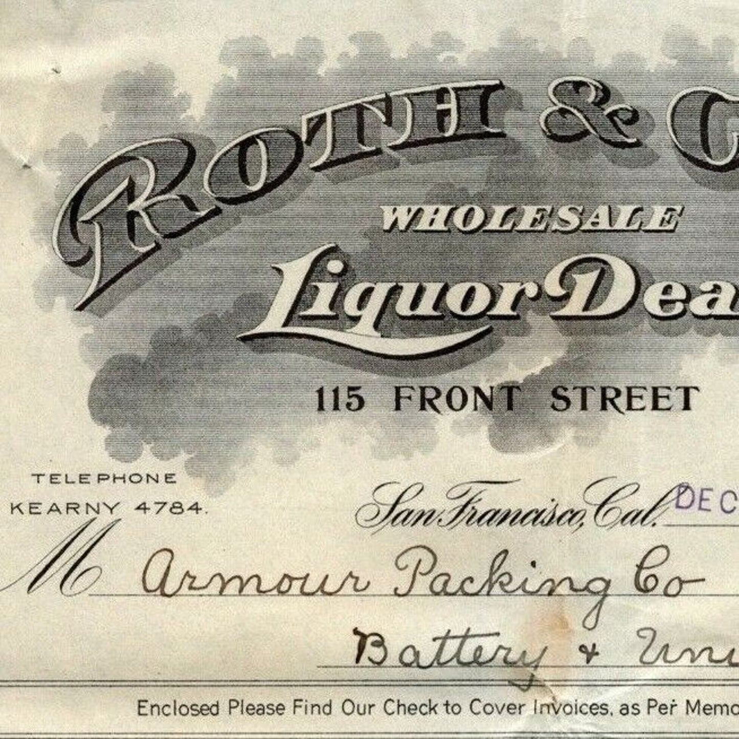 1908 Roth & Co. Liquor to Armour Packing San Francisco Billhead