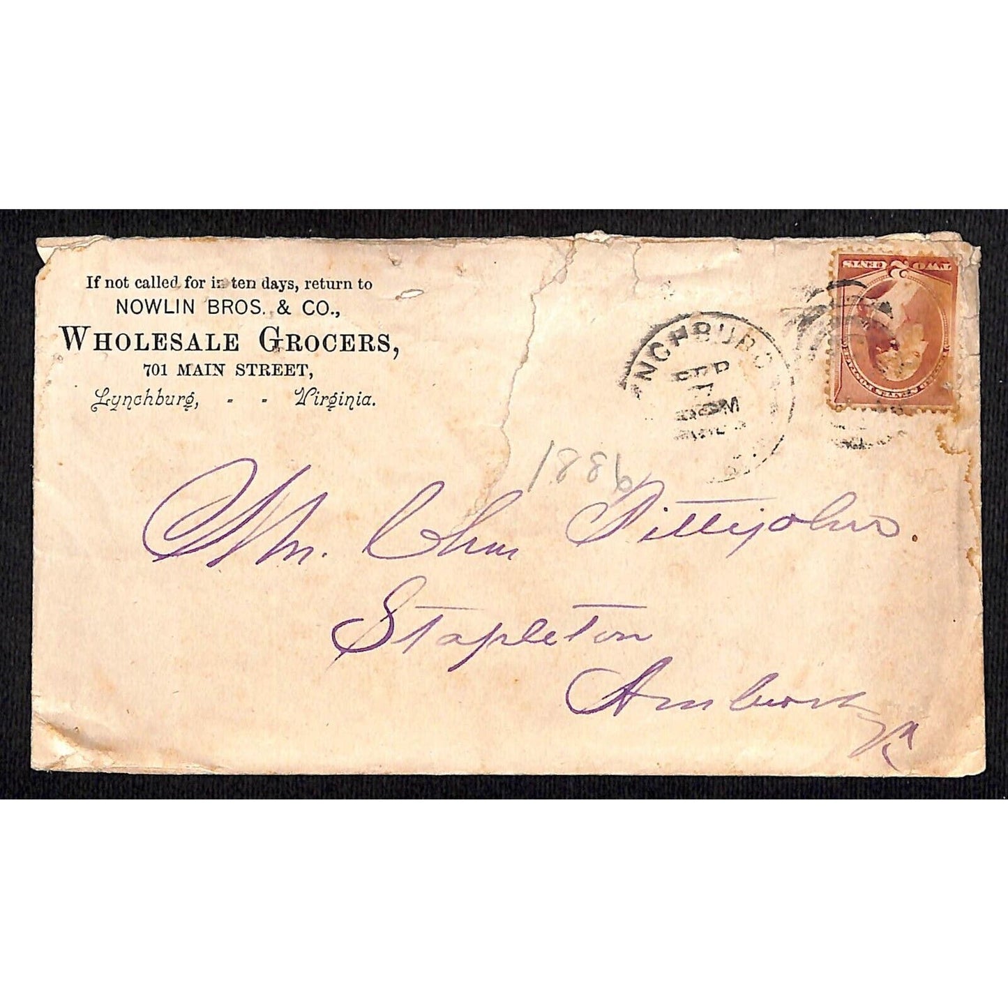 Lynchburg, VA Nowlin Bros. & Co. Groceries 1886 Advertising Cover / Envelope