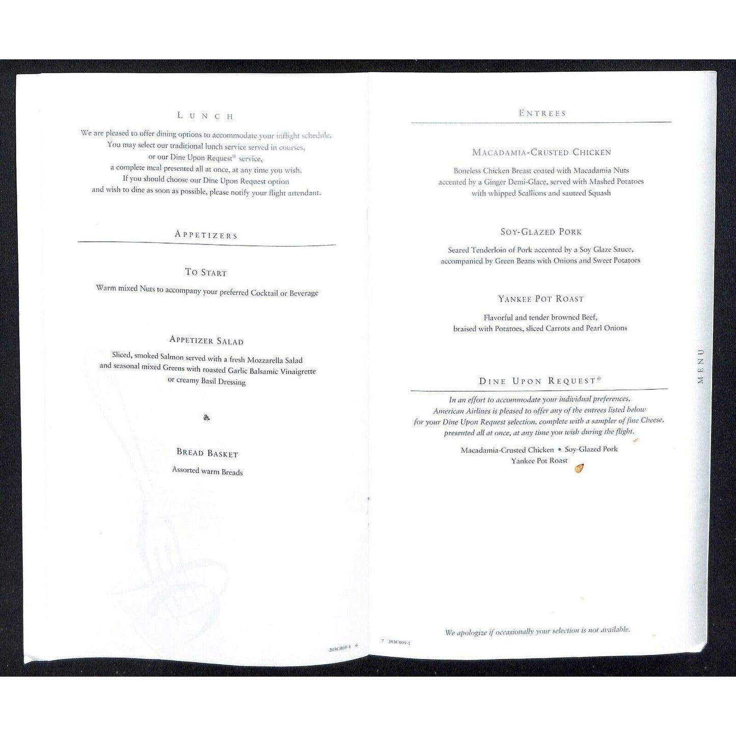 2004 American Airlines First Class Lunch Wine Menu w/ Anne Von Ehr Michigan Sky