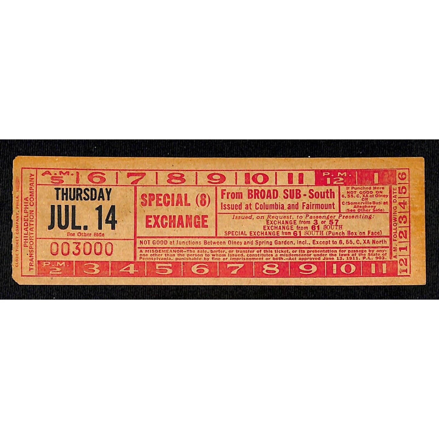 Vintage c1940's-50's Ticket - Philadelphia Transit Co. - Broad Sunway #3000