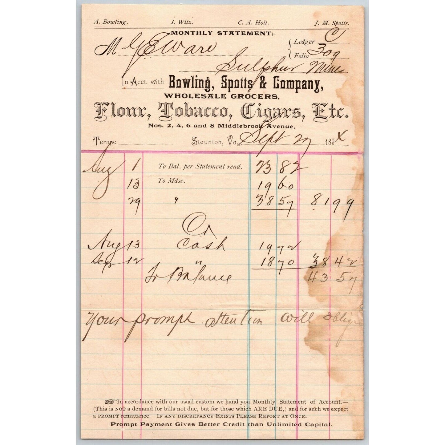1894 Scarce Bowling, Spotts & Co Whsl. Grocers Billhead Letterhead Staunton, VA