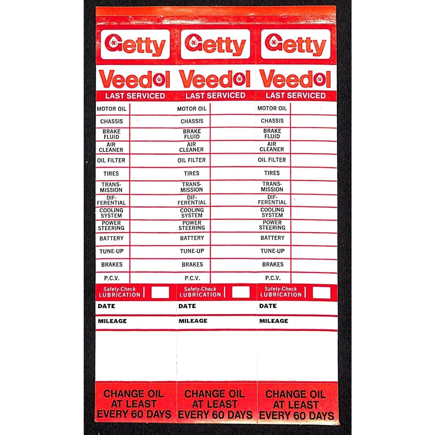 Getty Veedol Service / Oil Change Door Jam Auto Sticker Sheet of 3 c1970 (#4)