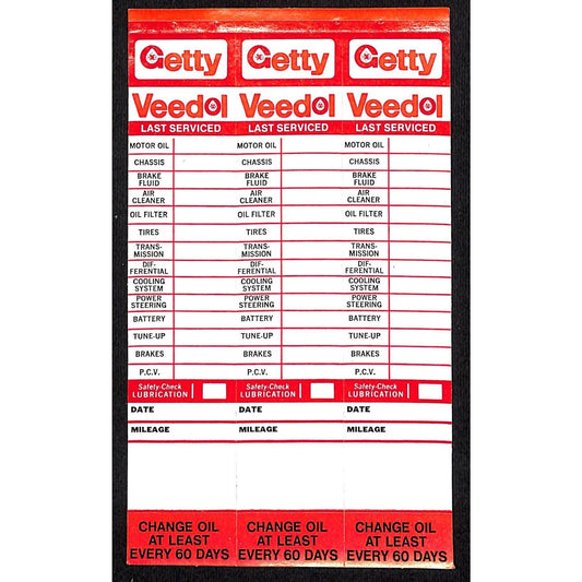 Getty Veedol Service / Oil Change Door Jam Auto Sticker Sheet of 3 c1970 (#4)