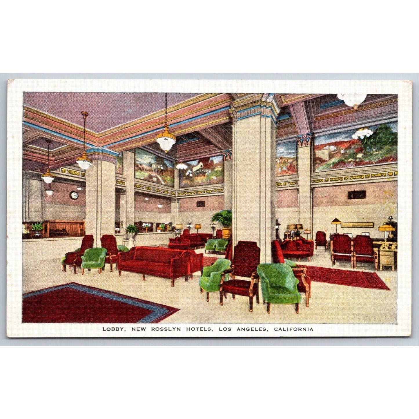 New Rosslyn Hotel Lobby Los Angeles Postcard NP c1920's-30's w/ Rates