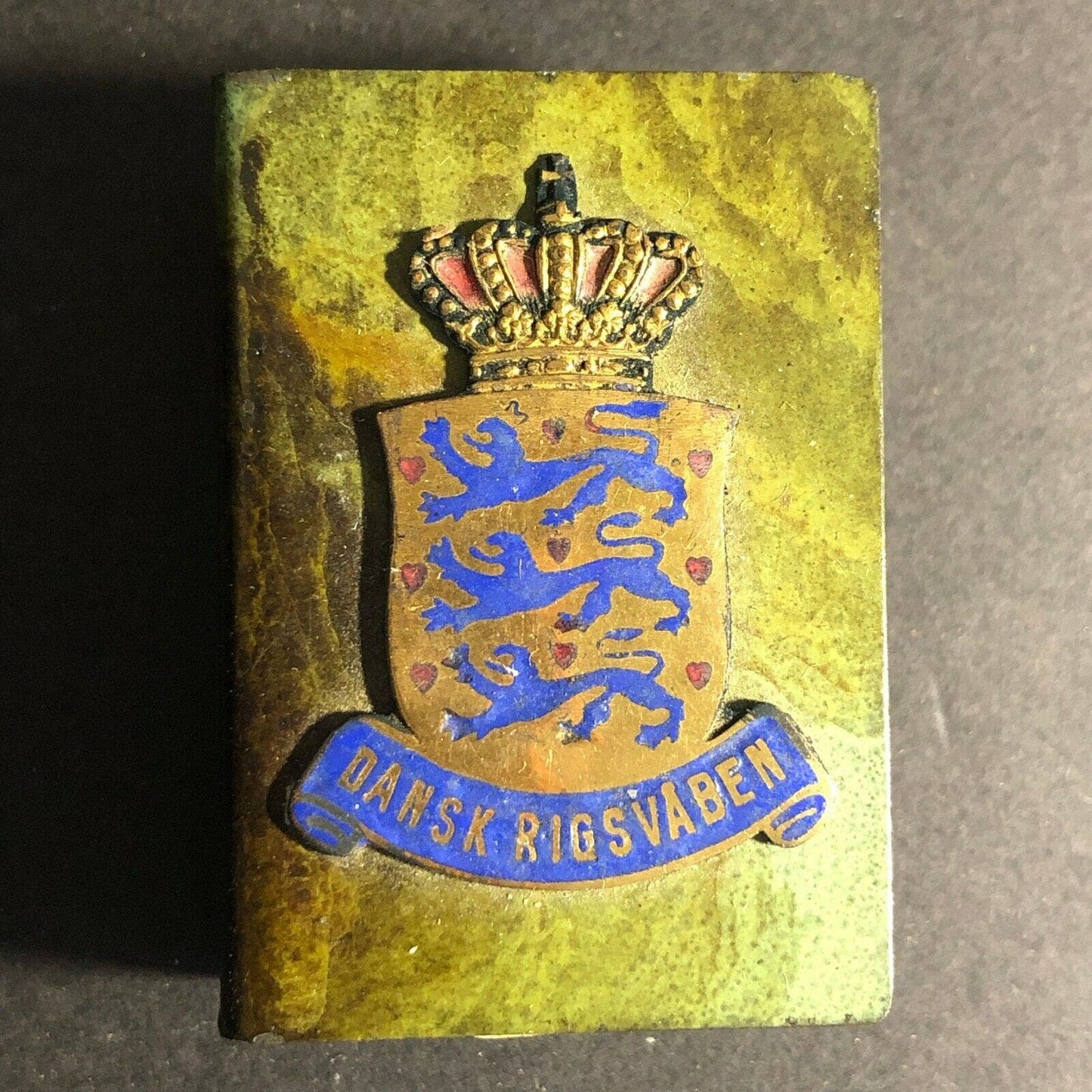c1960's-70's Brass Colored Matchbox w/ Affixed Dansk Rigsvaben Enameled? Emblem