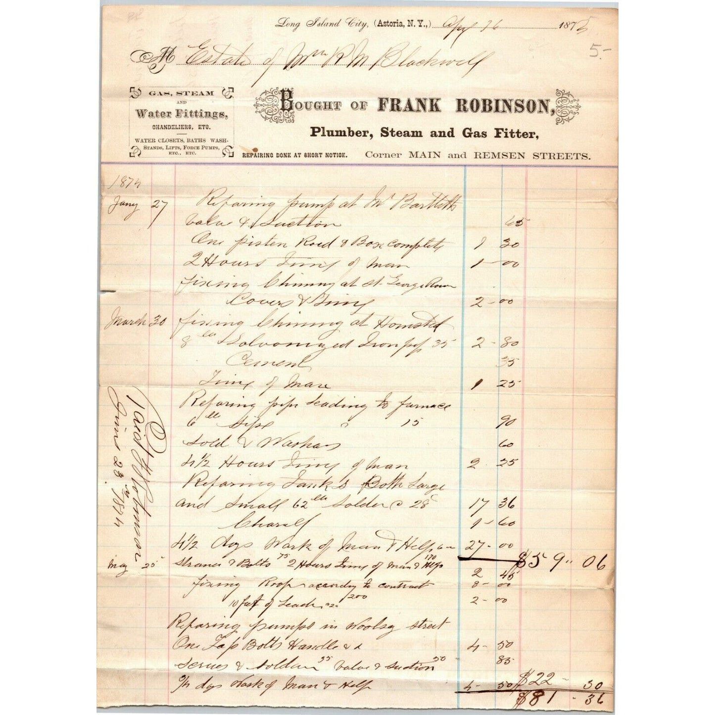 Long island City Astoria NY Billhead Letterhead 1874 Frank Robinson Plumber