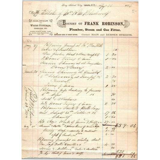 Long island City Astoria NY Billhead Letterhead 1874 Frank Robinson Plumber