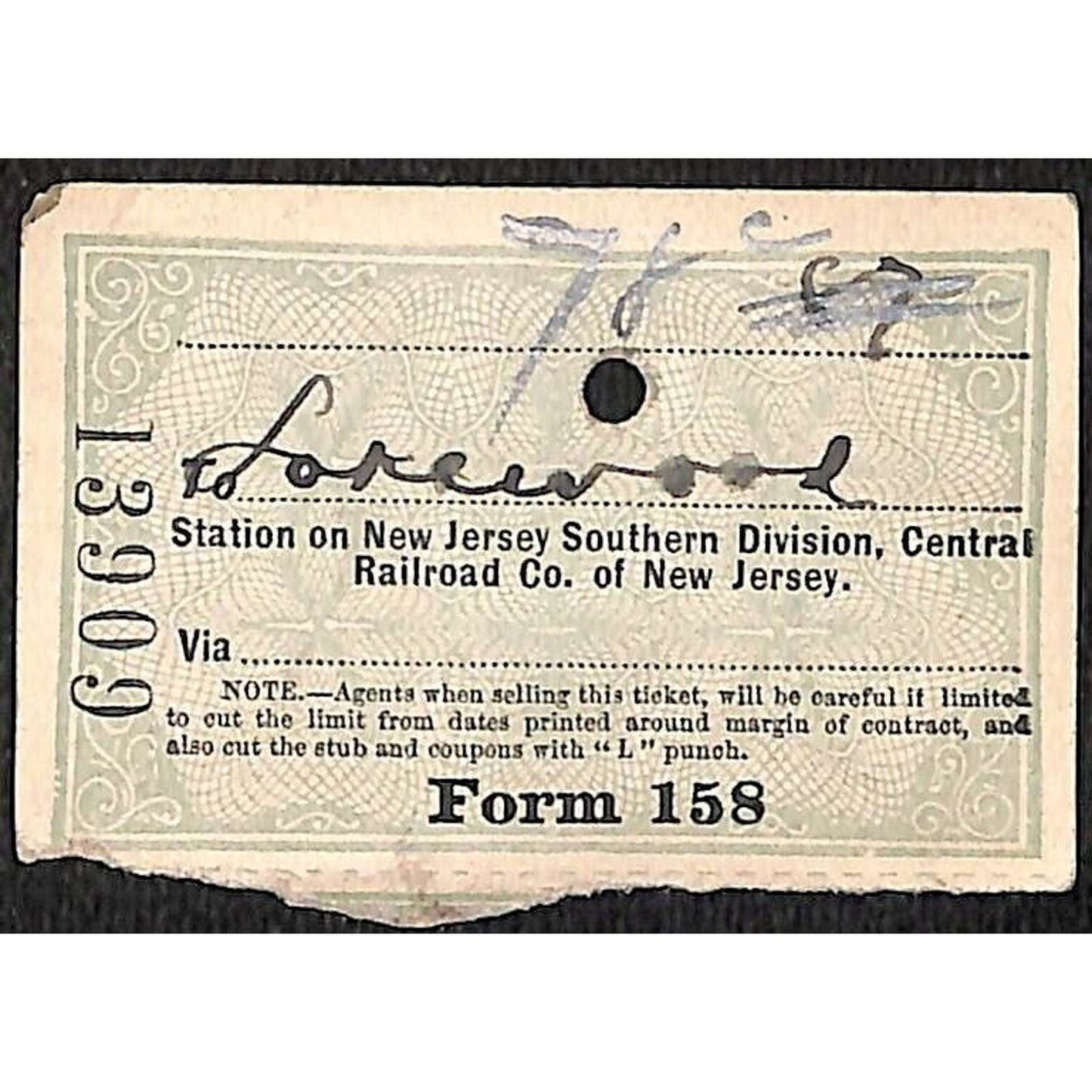 New York & Long Branch Railroad 1901 Ticket North Asbury Park Lakewood NJ #13909