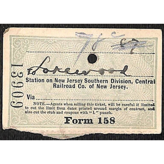 New York & Long Branch Railroad 1901 Ticket North Asbury Park Lakewood NJ #13909