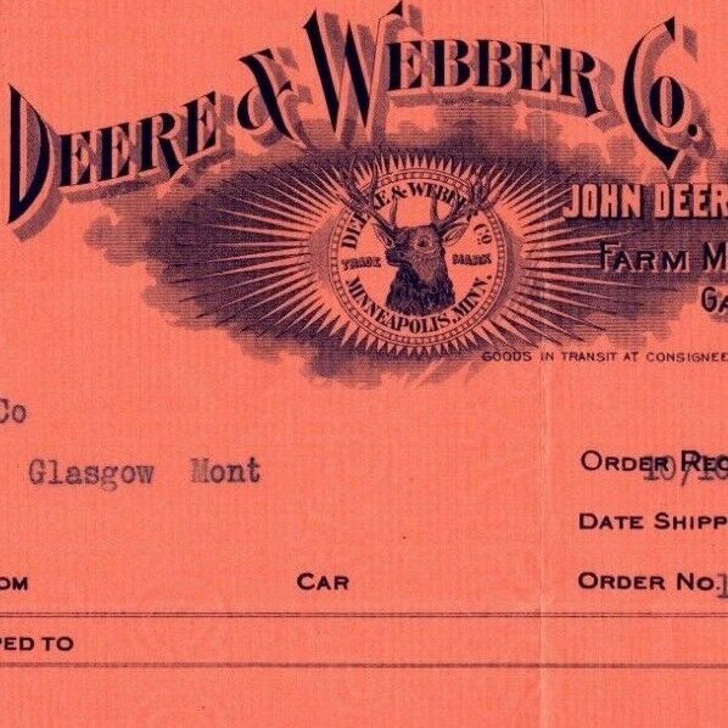 Scarce 1910 John Deere / Deere & Webber Invoice - S O Eveners 4 H