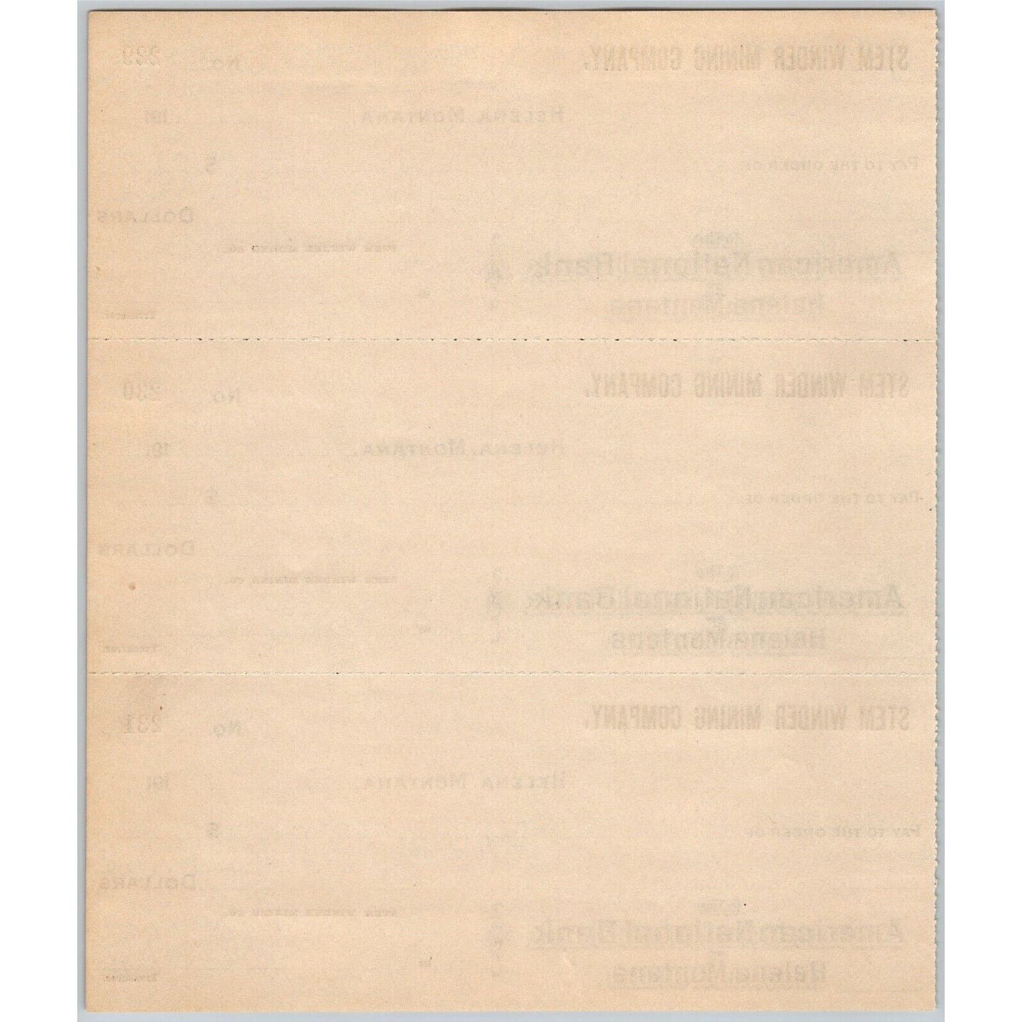 Helena, MT Stem Winder Mining Co. American National Bank Check Sheet 1910