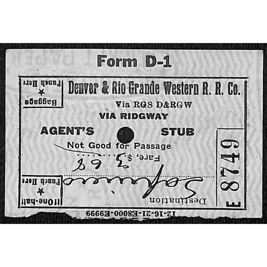 Denver & Rio Grande Western R.R. Ticket Stub 1923 #8749