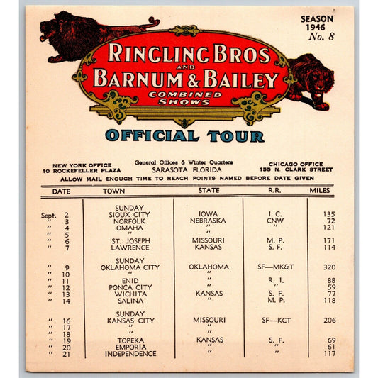 1946 Ringling Bros Barnum Bailey Circus Route Card Omaha Oklahoma City Topeka