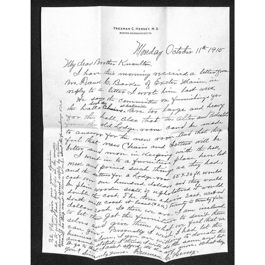 Newburgh, ME Amos W. Knowlton* Boston Freeman Hersey 1915 ALS re: Hall Furniture