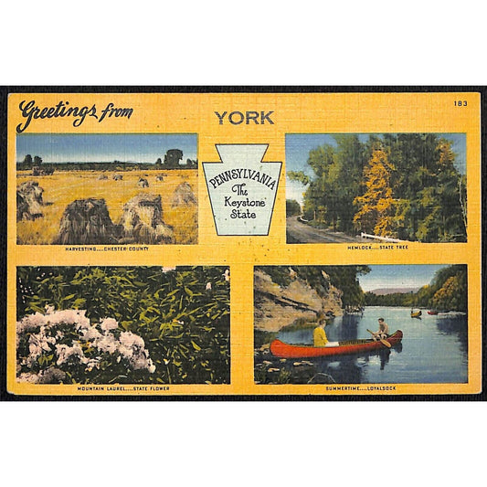Greetings From York, PA Linen Postcard Keystone c1930's-45 NP VGC