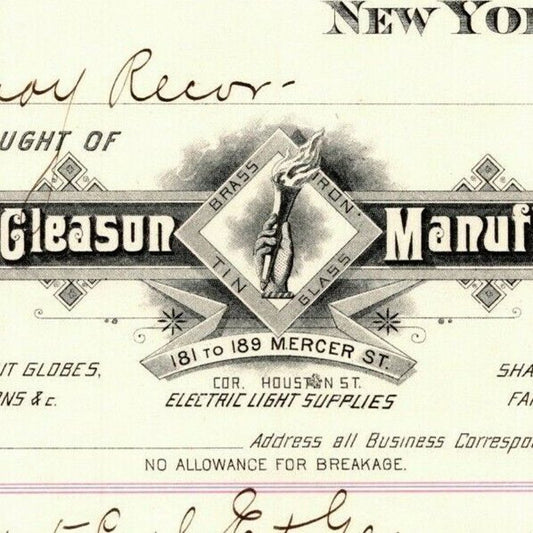 Dec 1 1887 "E. P. Gleason" Cut Glass Globes Billhead Letterhead Mercer St NYC