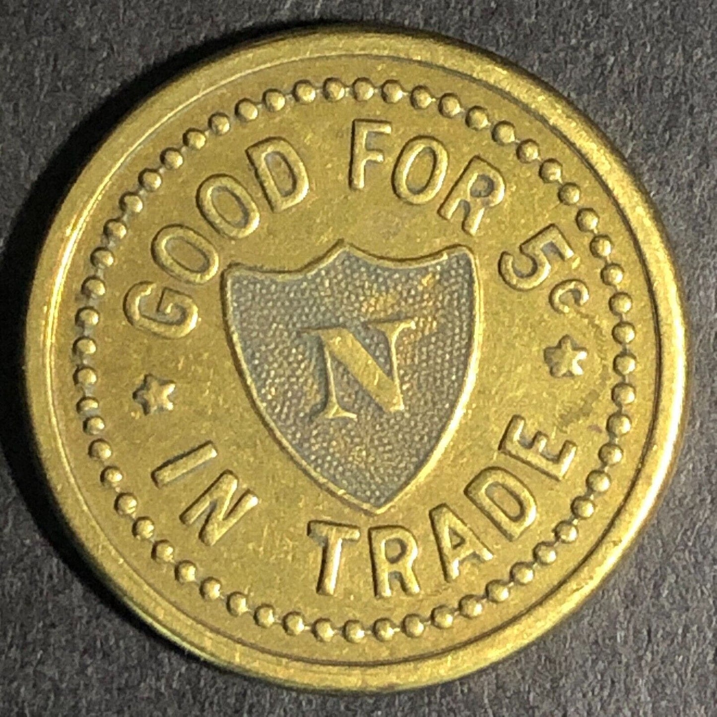 Lawrence Neuner Roseburg, ORE Cigar Store Brass G/F 5c Trade Token 21.29mm c1925