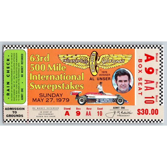 1979 Indianapolis 500 Ticket Stub w/ Al Unser Racing IMS Seat 10 VGC