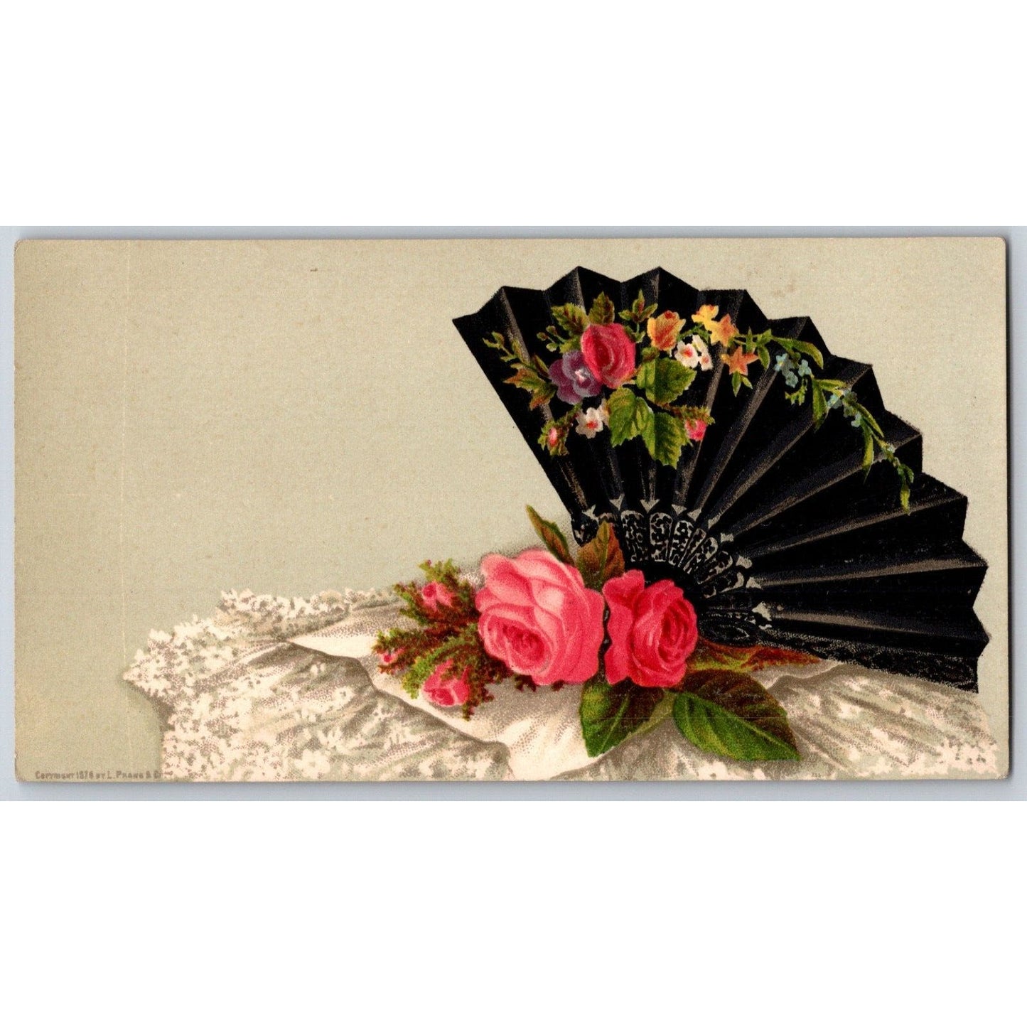 Blank Victorian Trade Card Roses Black Hand Fan