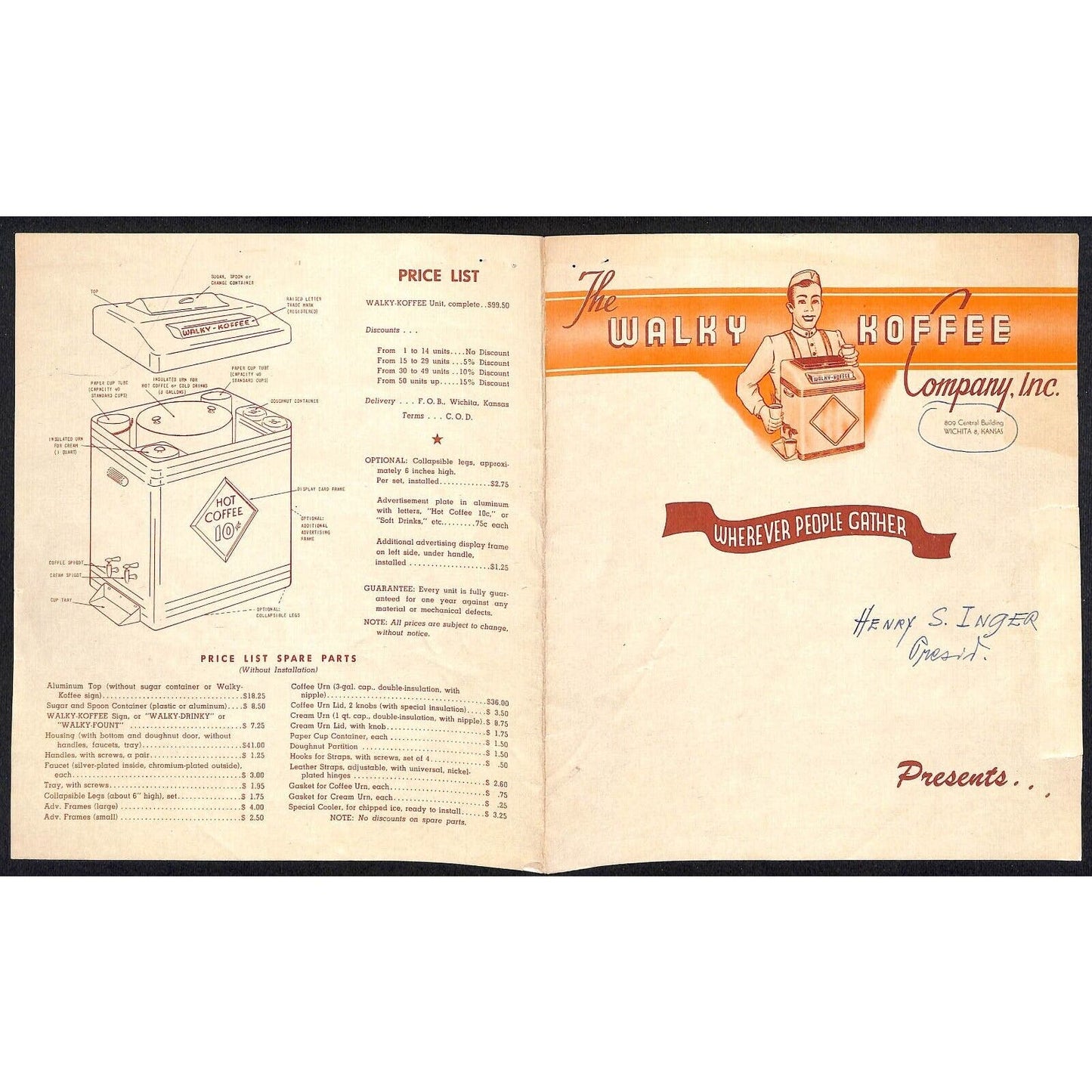 "Walky Koffee" Portable Coffee Vending Brochure Price List c1947-52 Very Scarce
