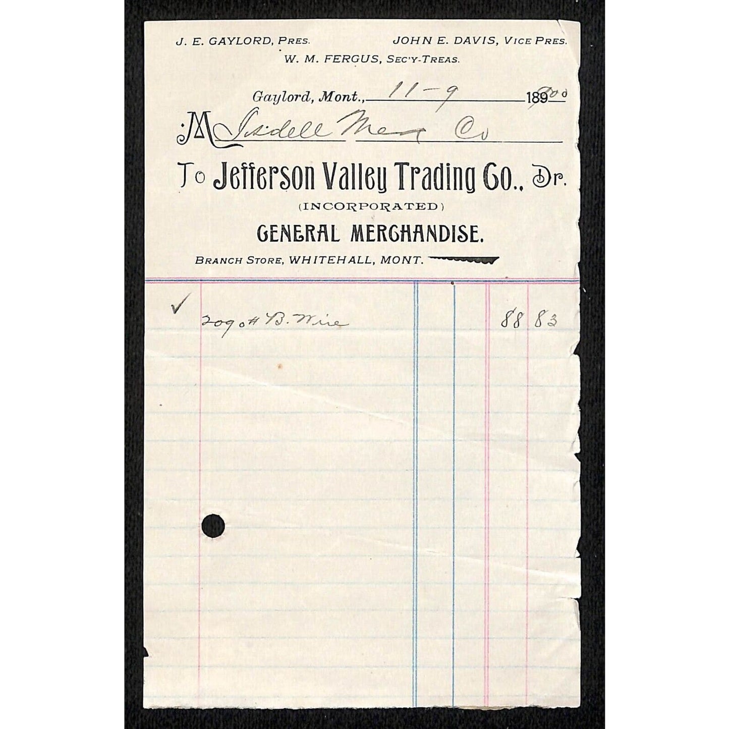 Gaylord, MT Jefferson Valley Trading GEN MDSE 1900 Receipt