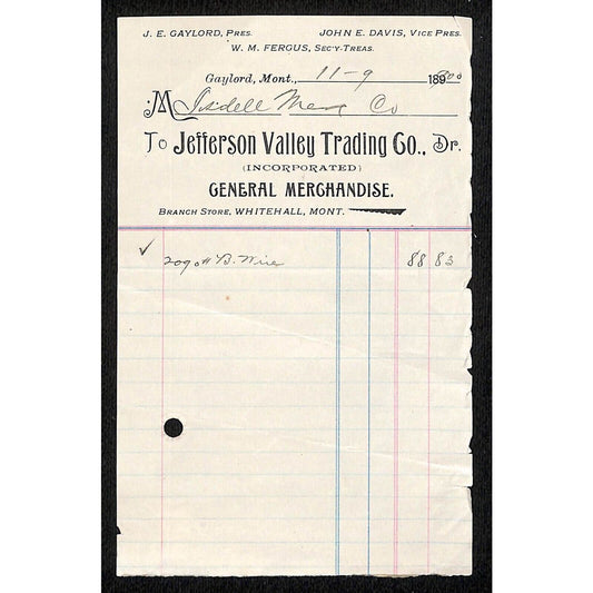 Gaylord, MT Jefferson Valley Trading GEN MDSE 1900 Receipt