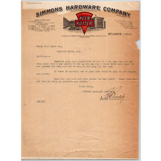 Keen Kutter Simmons Hardware Co. St. Louis 1909 Letterhead to: Henry Hall Rods