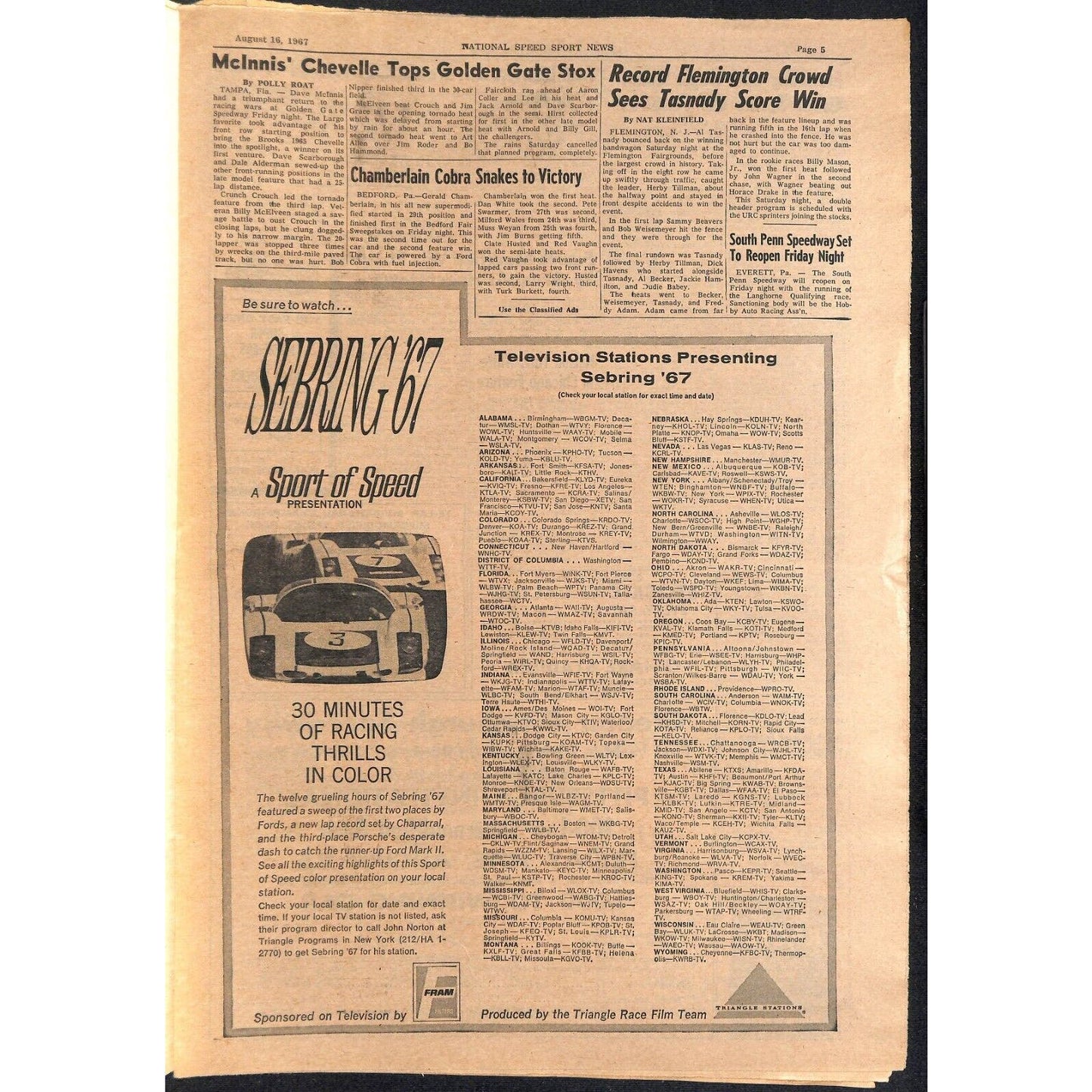National Speed Sport News 8/16 1967 Dosher & Bowsher Wins Racing 23pp