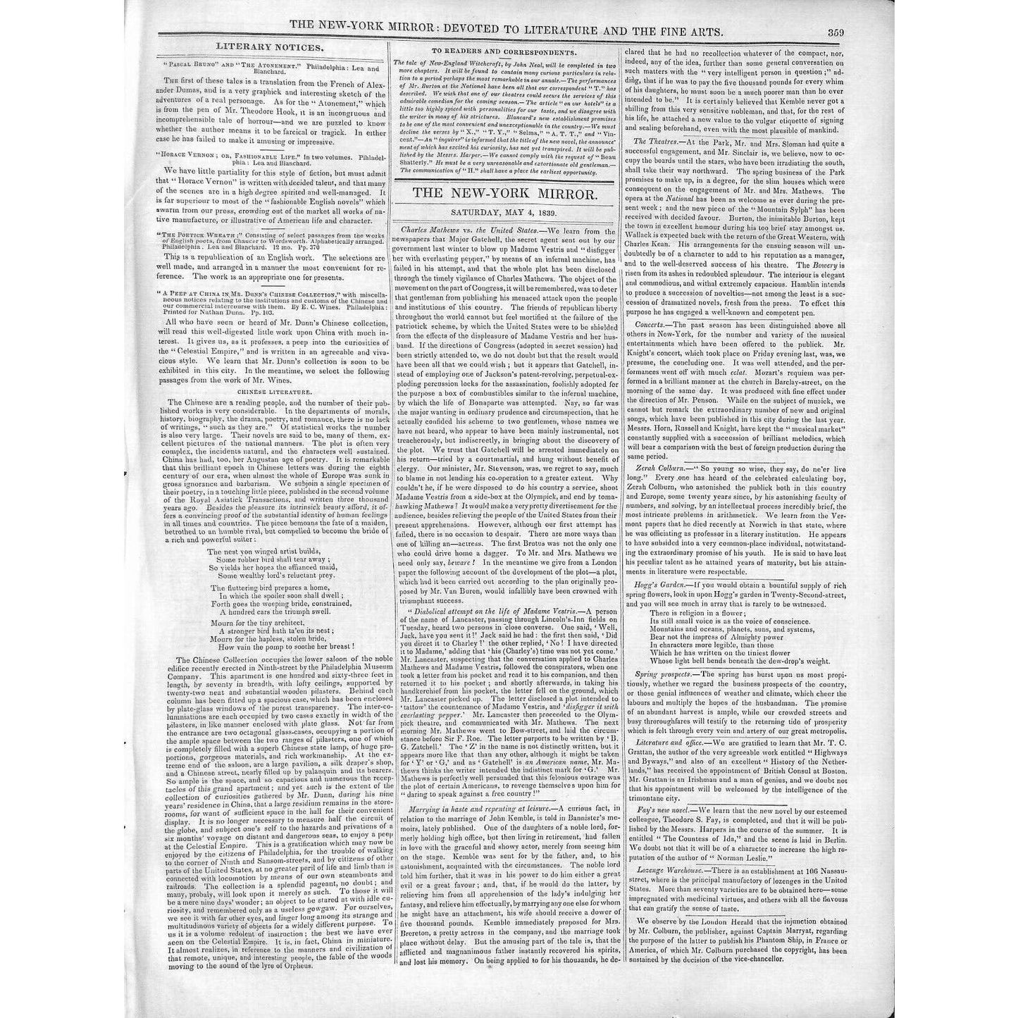 New-York Mirror Weekly Journal Literature Fine Arts Newspaper 5/4/1839