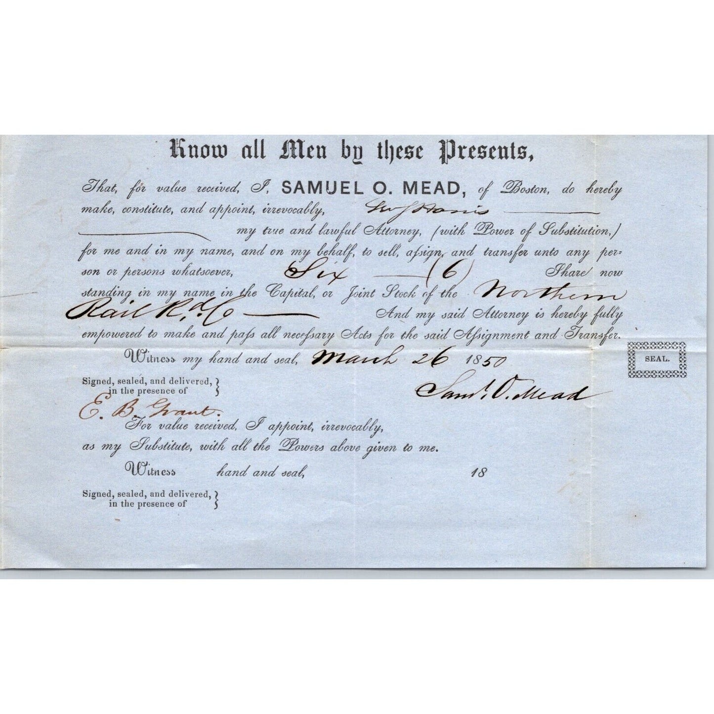 1850 Boston MA Power of Attorney re: Northern Railroad Stock Samuel O. Mead