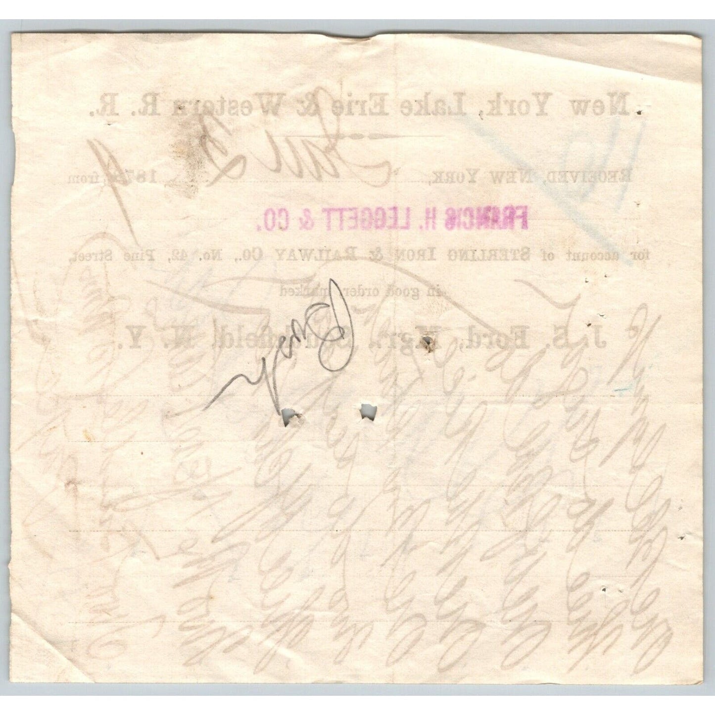 New York, Lake Erie & Western R.R. 1879 Railroad Freight Billhead Leggett & Co.