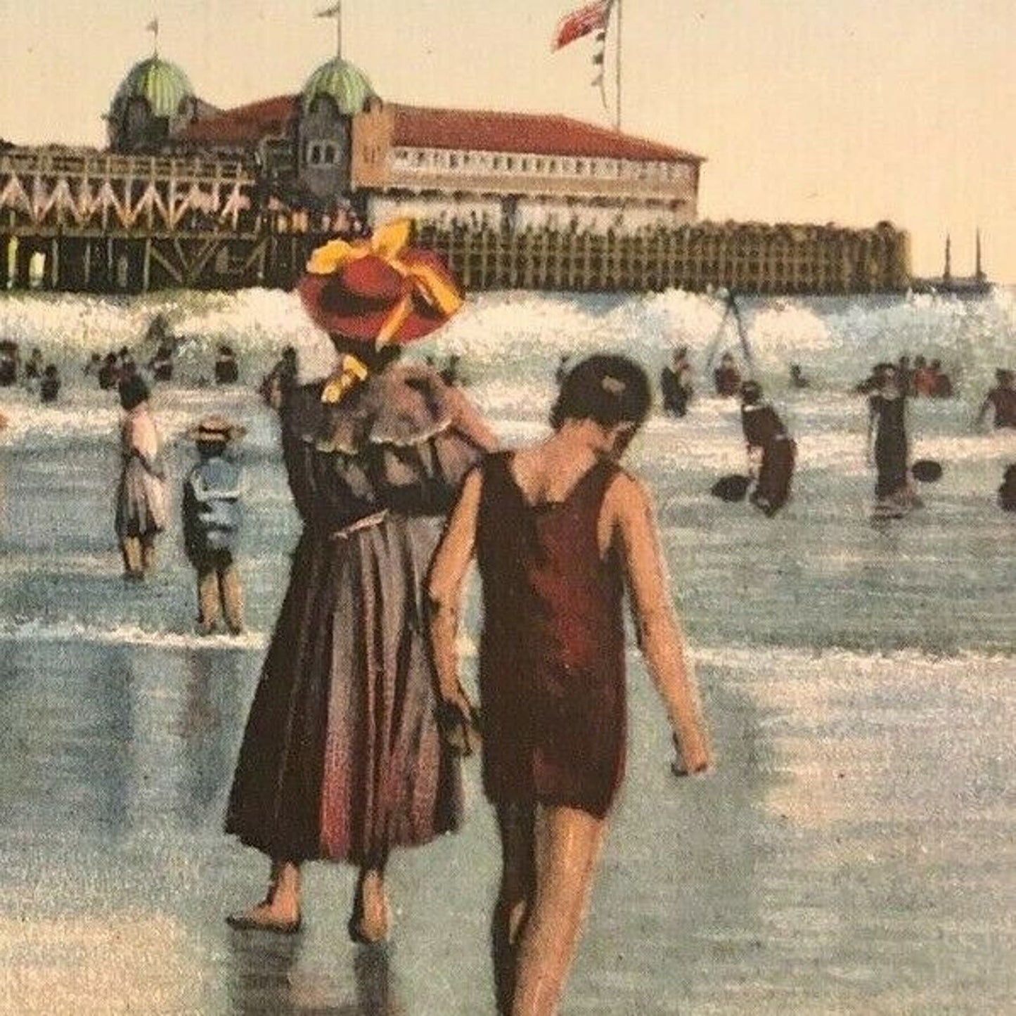 Vintage Postcard - In the Surf - Long Beach, California