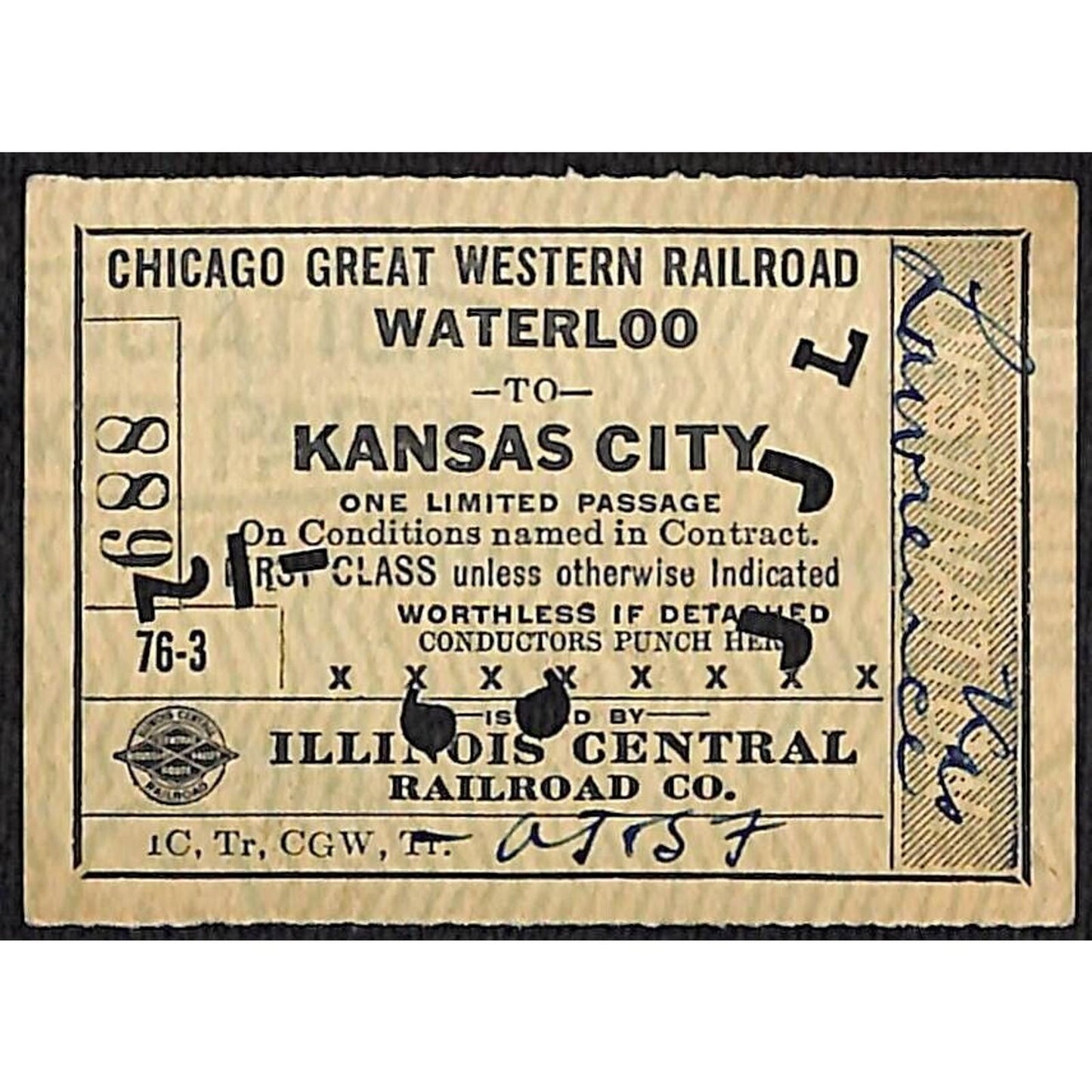 1918 Illinois Central Railroad Ticket First Class Waterloo to Kansas City #889
