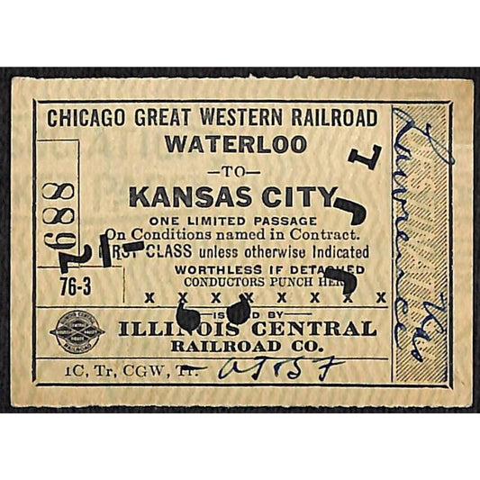 1918 Illinois Central Railroad Ticket First Class Waterloo to Kansas City #889