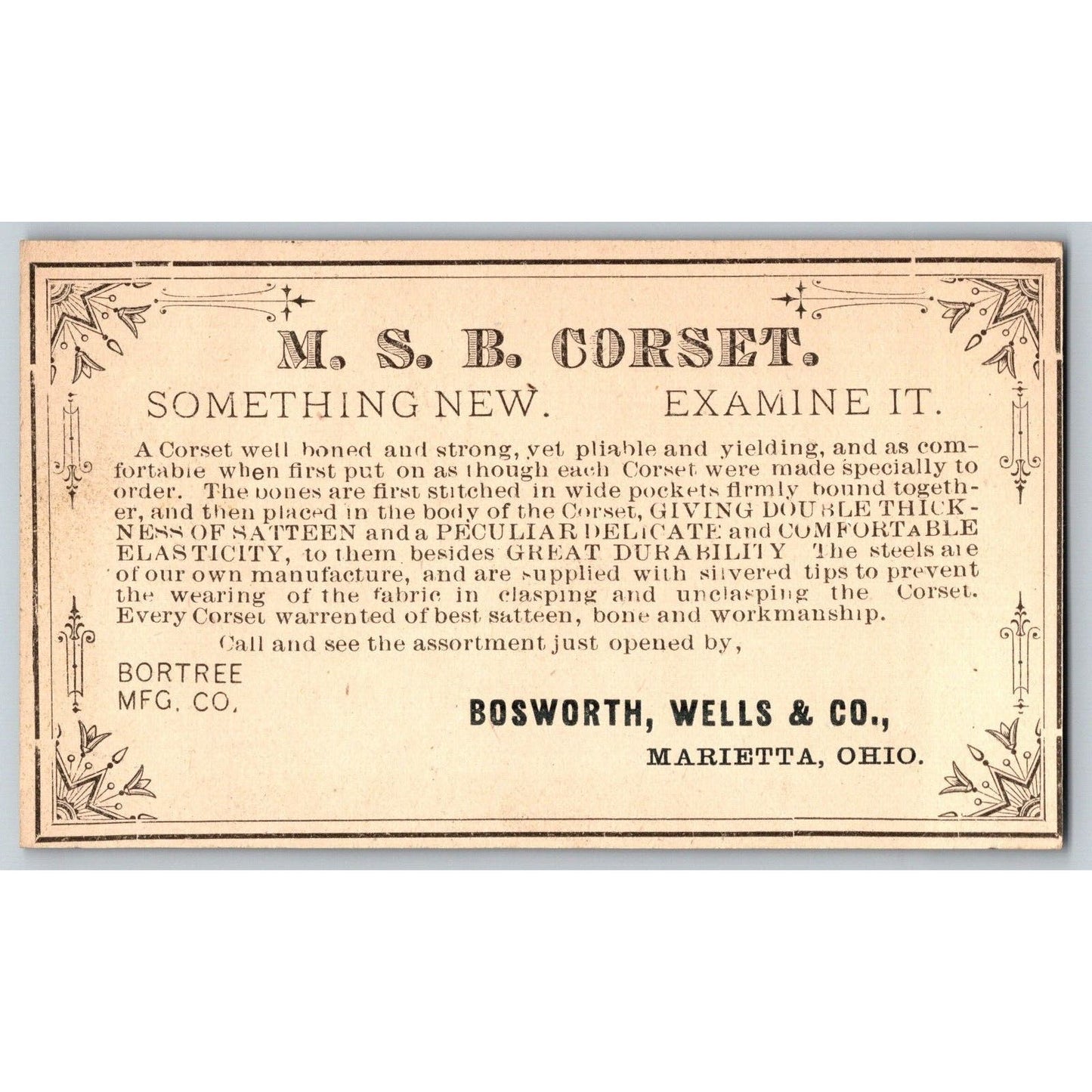 Bosworth, Wells & Co. MSB Corset Marietta, OH Victorian Trade Card Butterfly