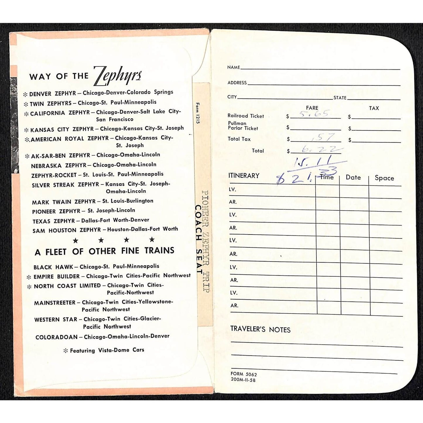 c1958 Burlington Route Zephyr / Vista-Dome Ticket Envelope w/ Map VGC