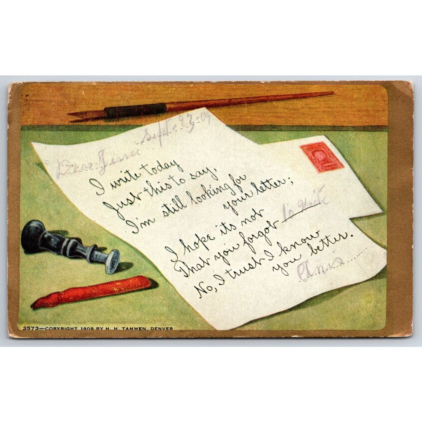 Romantic Postcard Worrisome "Love Letter?" Wax Stamp PM 1909