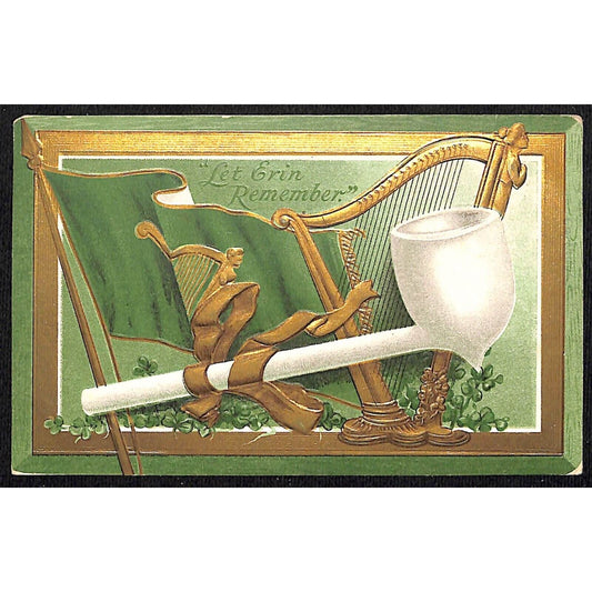 Ireland Postcard Let Erin Remember w/ Harp Pipe Flag Gilt Embossed c1909-15