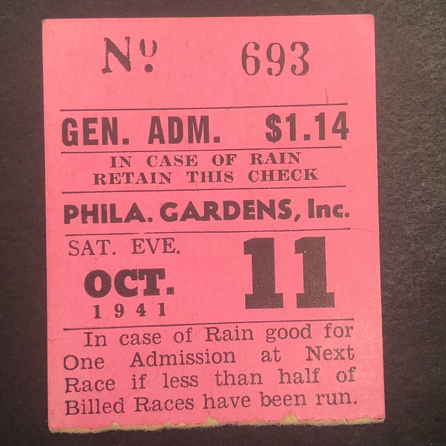 Auto Racing Rain Check Ticket Philadelphia Gardens 10/11 1941 Shanebrook #693