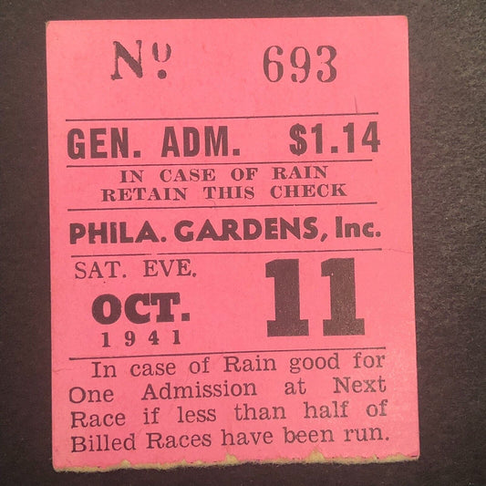 Auto Racing Rain Check Ticket Philadelphia Gardens 10/11 1941 Shanebrook #693