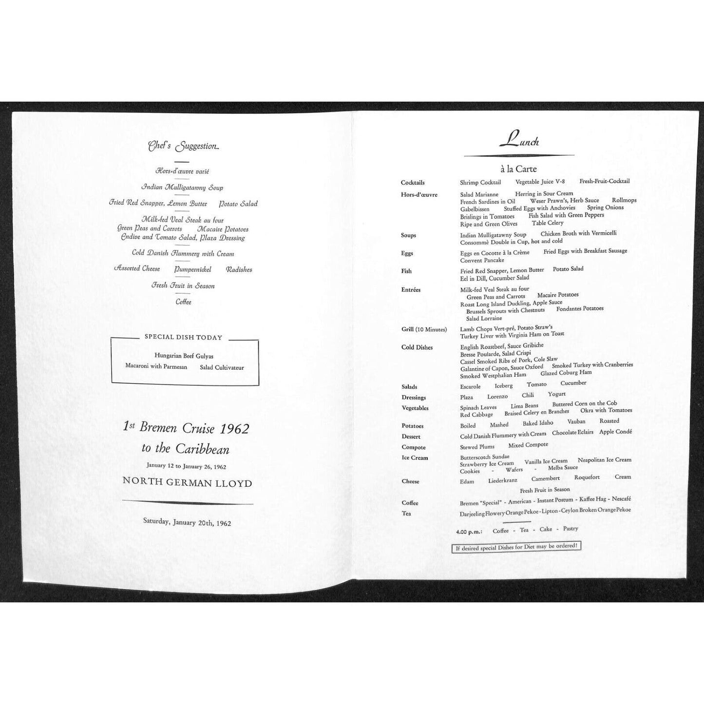 1962 North German Lloyd Bremen Cruise Line Lunch Menu Jan 20