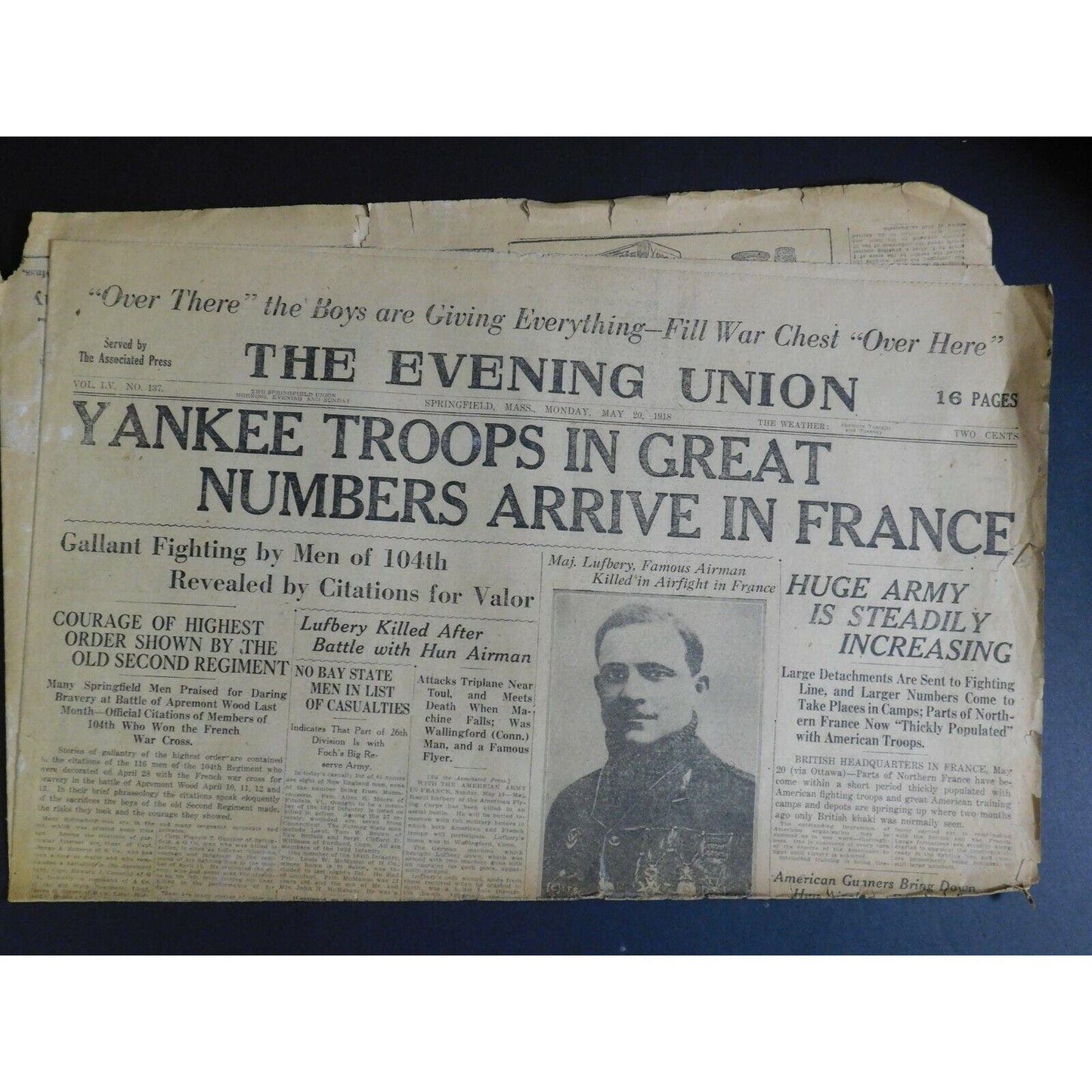 WWI Era Newspaper - The Evening Union (Springfield, MA) - May 20 1918 - 4 pgs.