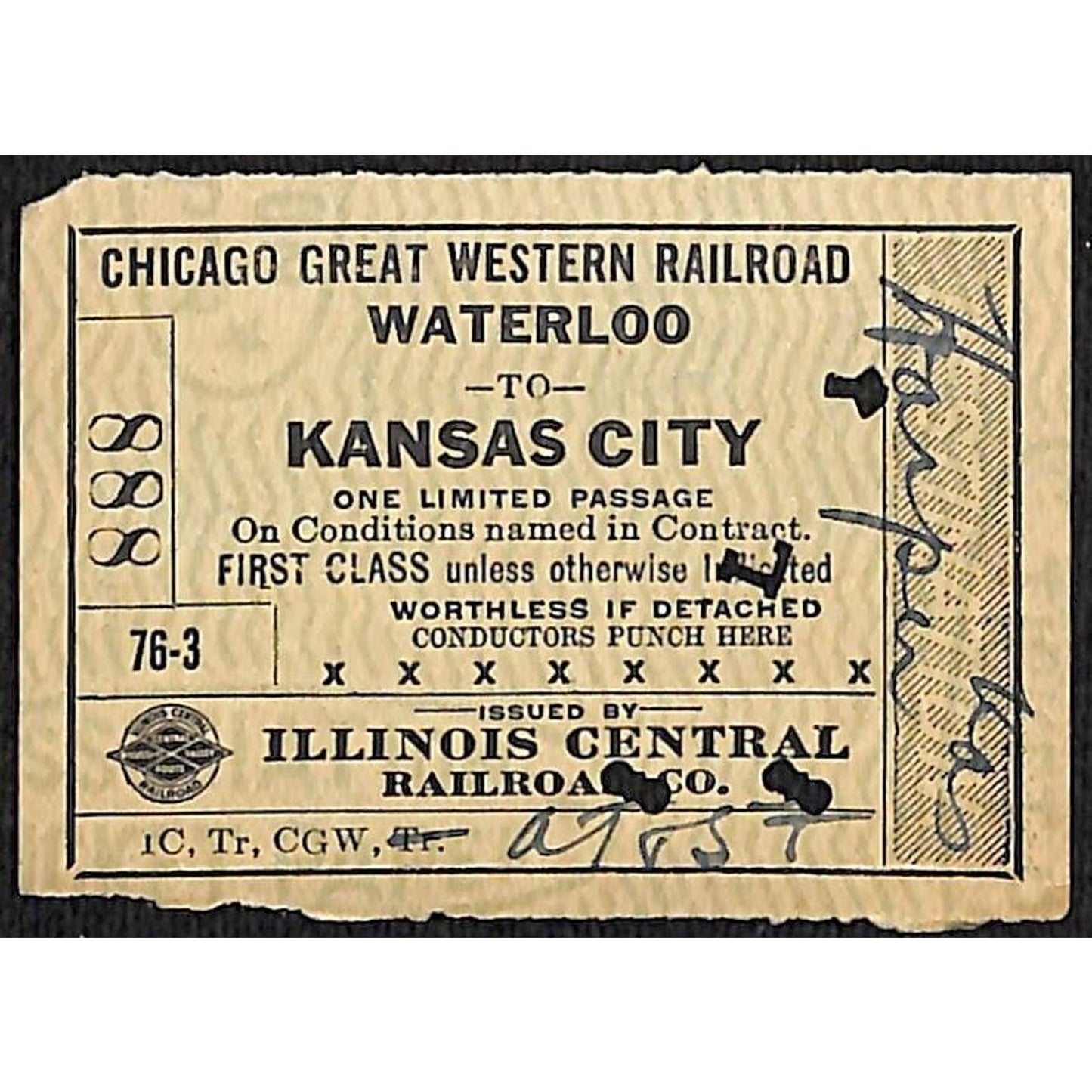 1918 Illinois Central Railroad Ticket First Class Waterloo to Kansas City #888