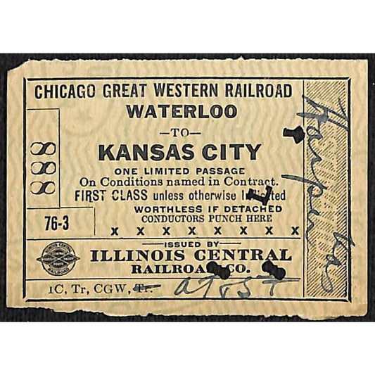 1918 Illinois Central Railroad Ticket First Class Waterloo to Kansas City #888